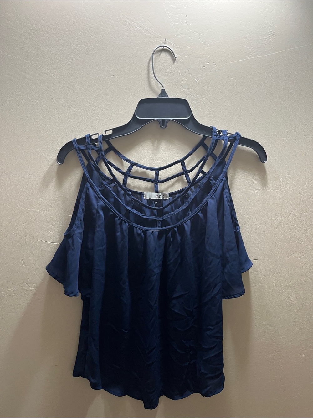 Cold-Shoulder Navy Tank with Caged Neckline